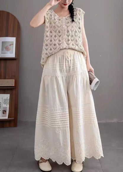 Women Beige Embroidered Wrinkled Cotton Pants Summer