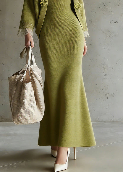 Fitted Green V Neck Sequins Cotton Knit Cardigans And Maxi Skirts Two Pieces Set Three Quarter Sleeve
