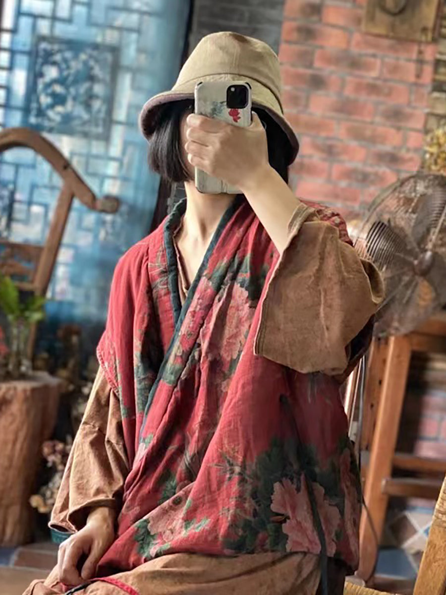 Women Floral Cotton Vintage Loose Waist Coat