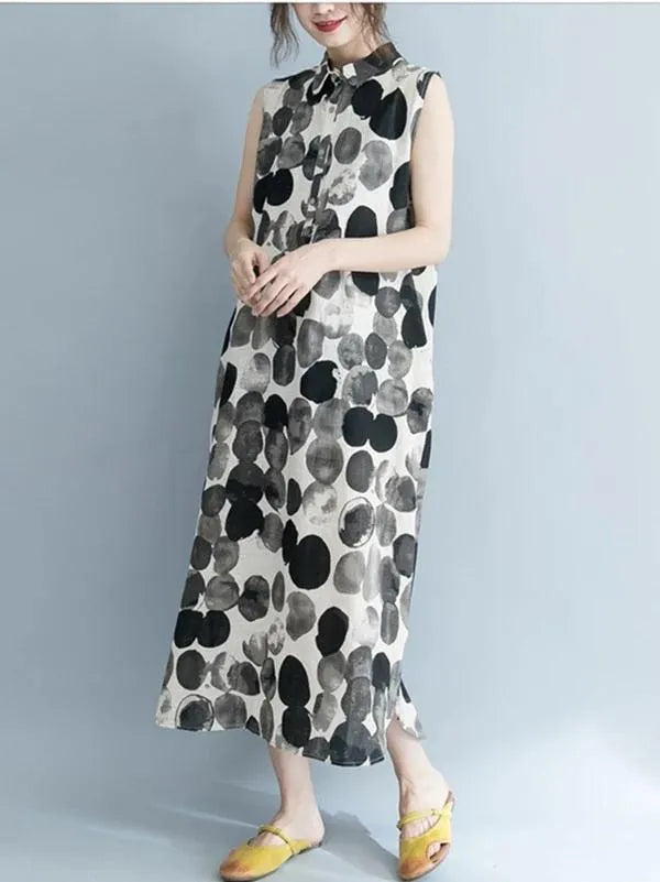 Women black dotted Cotton quilting clothes turn-down collar sleeveless Dresses