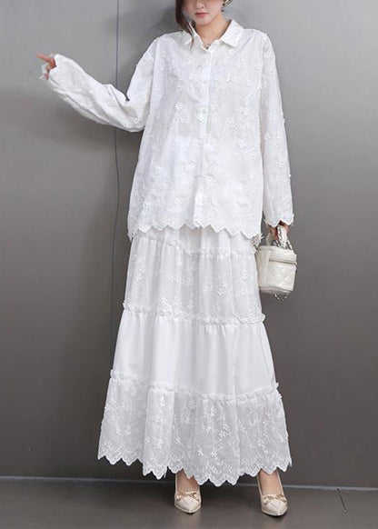 Boutique White Embroidered Floral Lace Shirts And Maxi Skirts Two Pieces Set Flare Sleeve