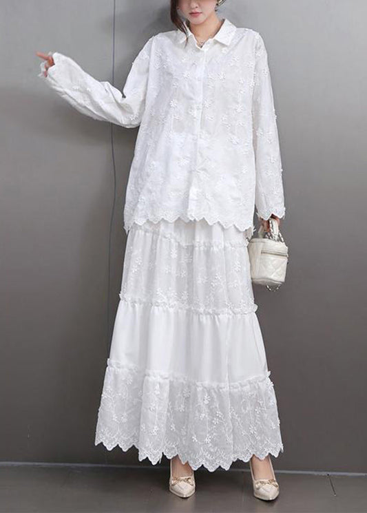 Boutique White Embroidered Floral Lace Shirts And Maxi Skirts Two Pieces Set Flare Sleeve