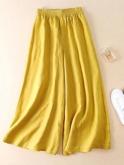 Loose Linen High Waist Solid Wide Leg Cropped Pants