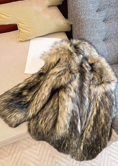 Classy Beige Black Raccoon Hair Collar Leather And Fur Coats Winter