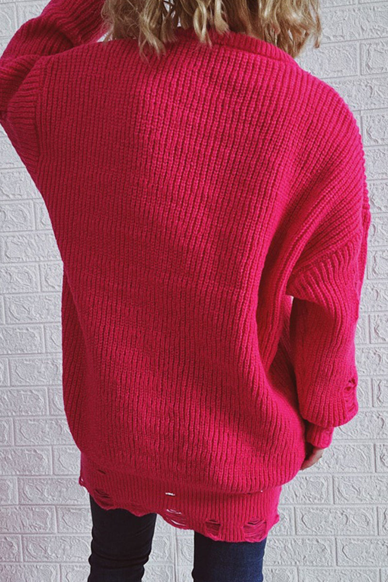 Street Solid Ripped O Neck Tops