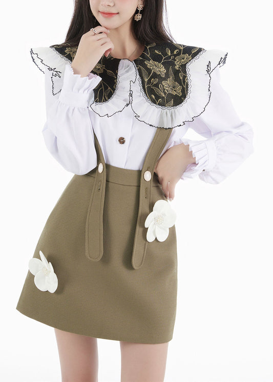 Women White Peter Pan Collar Shirts Tops And Skirts Cotton Two Pieces Set Spring
