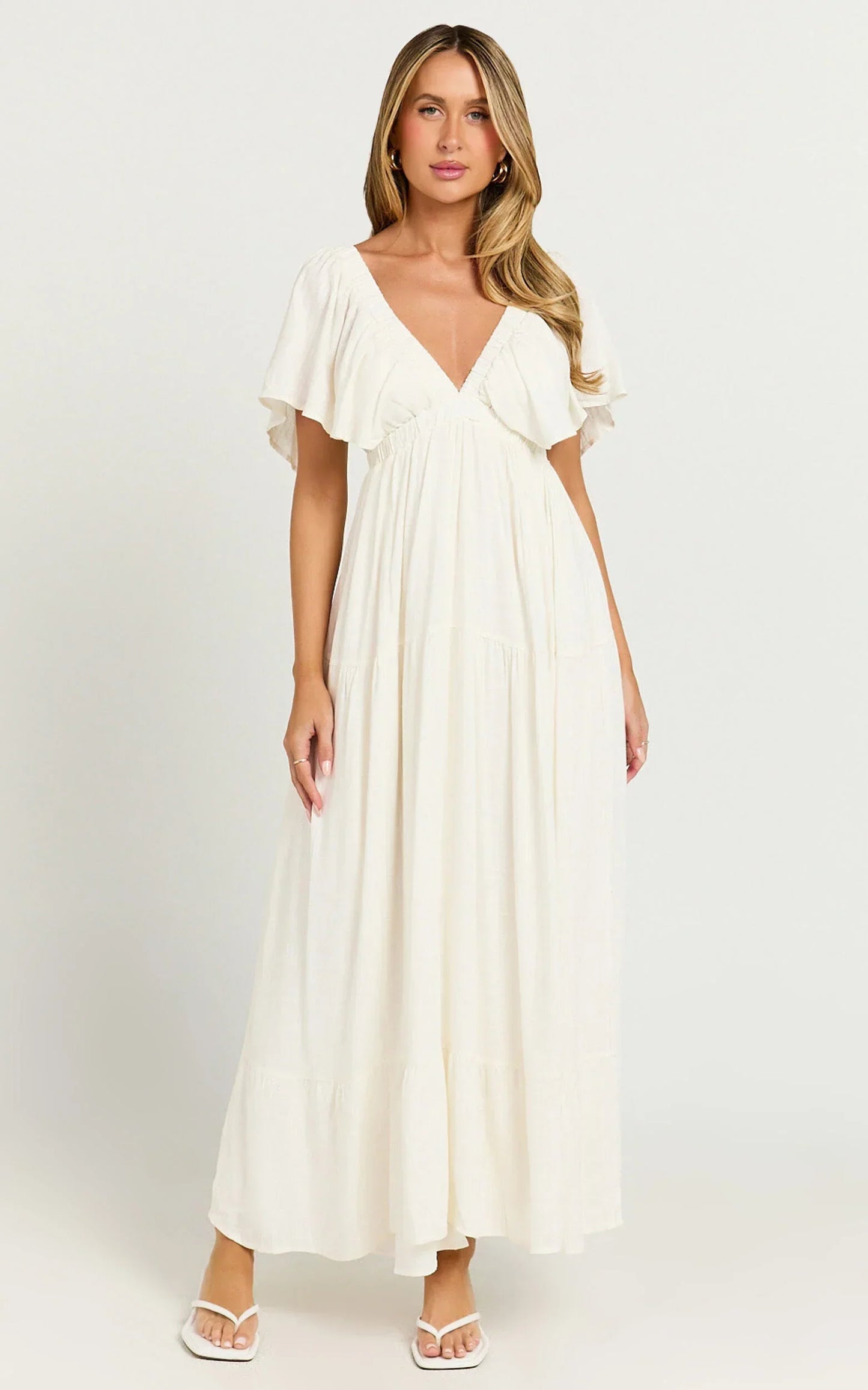 Lyrad Midi Dress - Linen Empire Waist Textured Dress In White