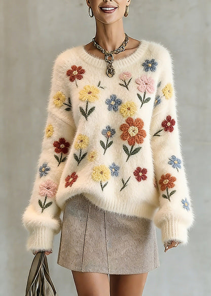 Natural Beige O-Neck Embroidered Cotton Knit Sweater Tops Spring