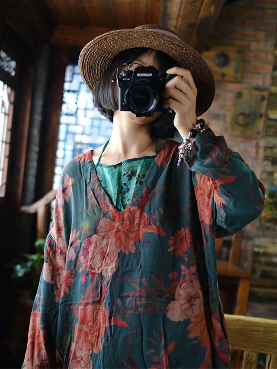 Women Vintage Floral Print V-Neck Loose Dress