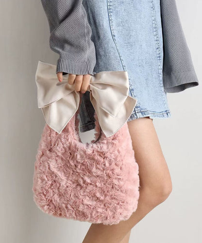 Fashion Pink Bow Faux Rabbit Fur Evening Tote Handbag