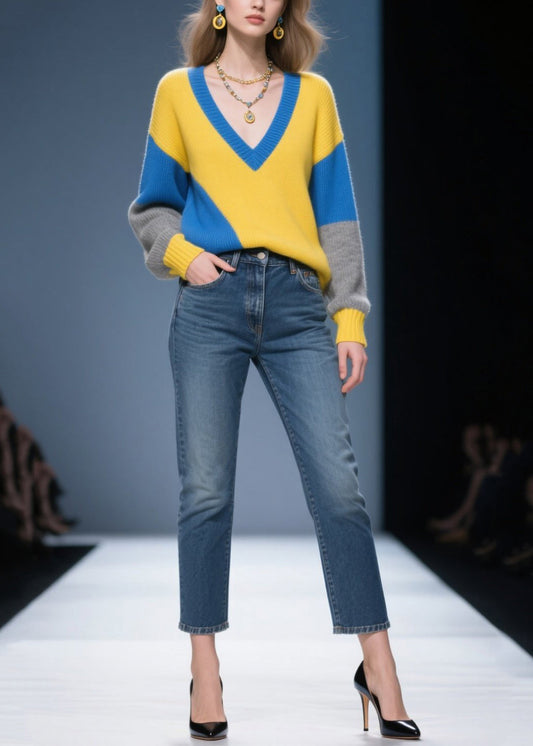 Italian Mixed Color Asymmetrical Design Warm Sweaters Winter