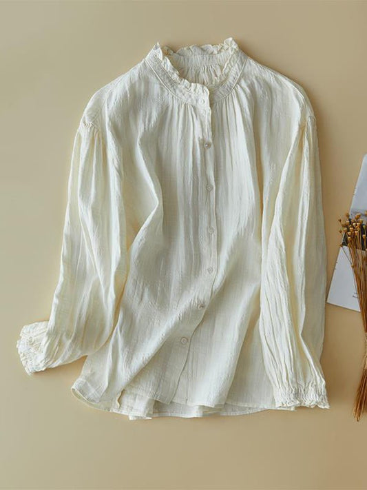 100% Linen Stand Collar Loose Solid Shirt In One-Size