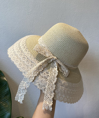 Cute Navy Lace Bow Straw Woven Bucket Hat
