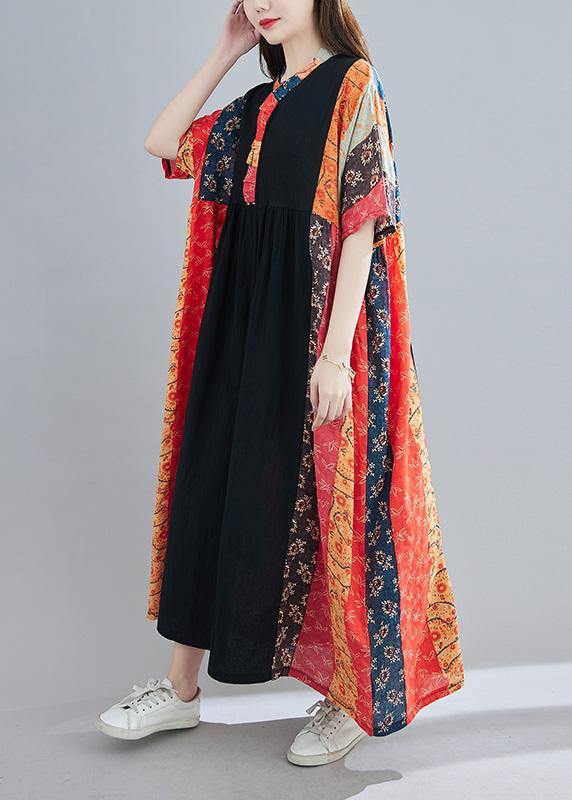 DIY Red Print Tunic V Neck Patchwork  Spring Dresses