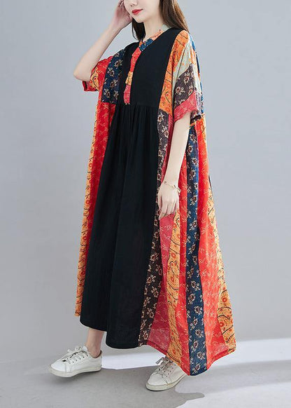 DIY Red Print Tunic V Neck Patchwork  Spring Dresses