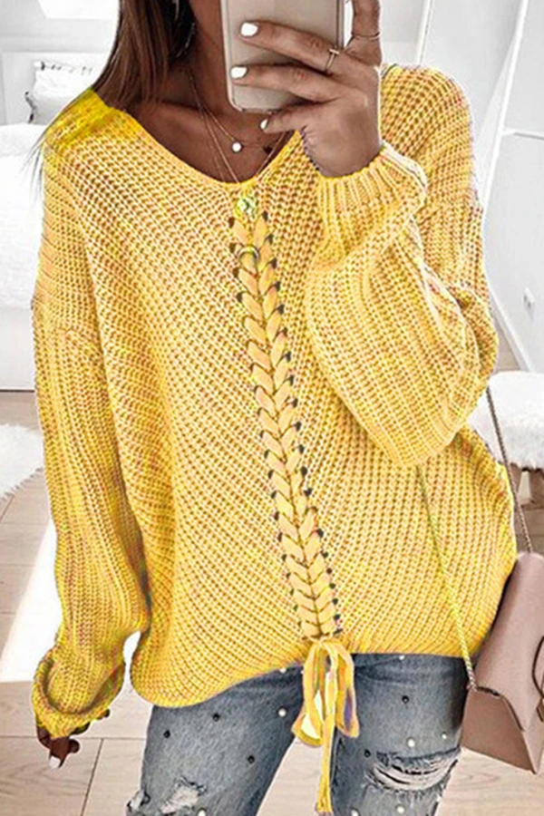 Solid Color Drawstring Knitted Sweater