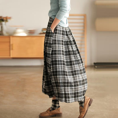 Women Plaid Pocket A-Line Vintage Elastic Waist Skirt