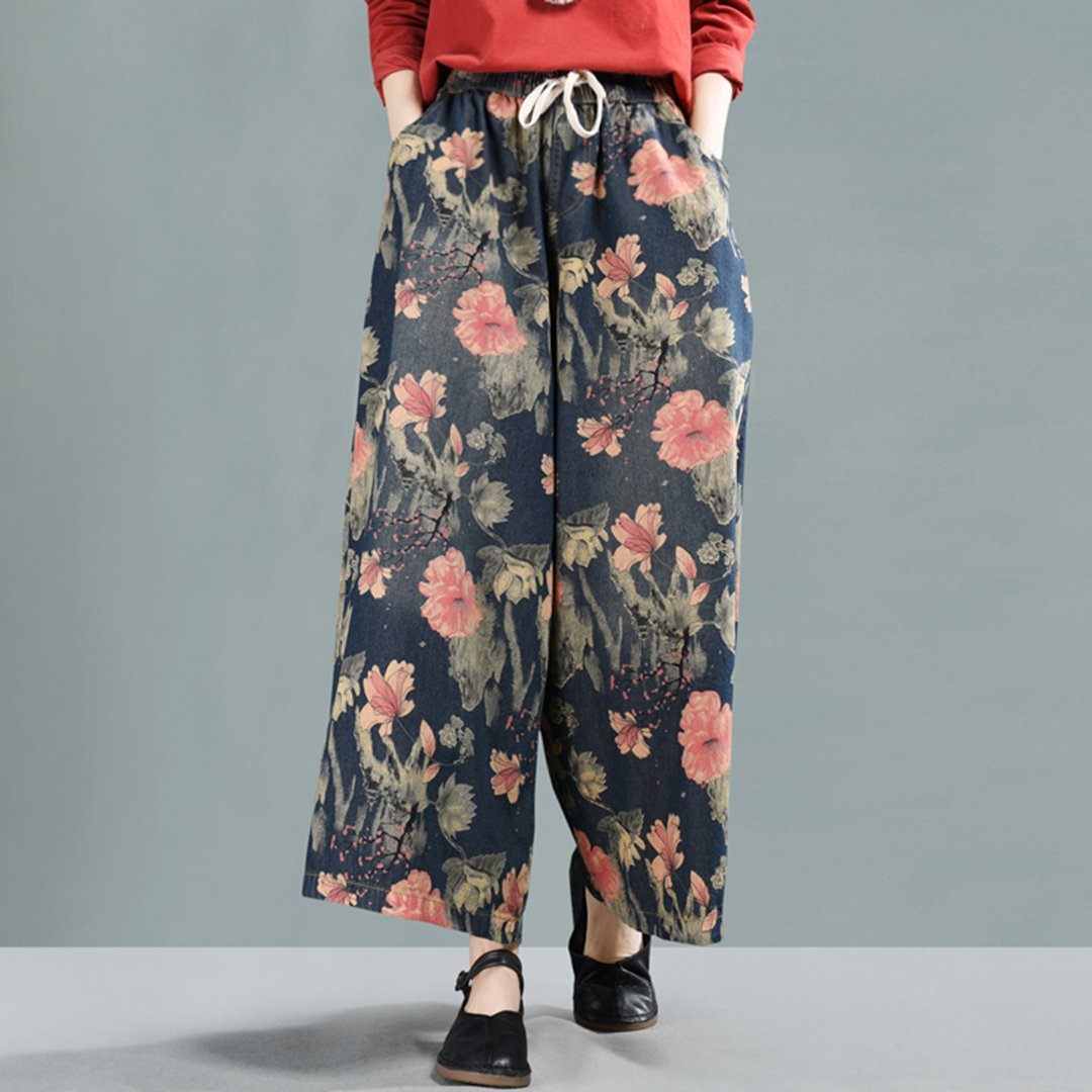 Floral Cropped Wide Leg Denim Pants