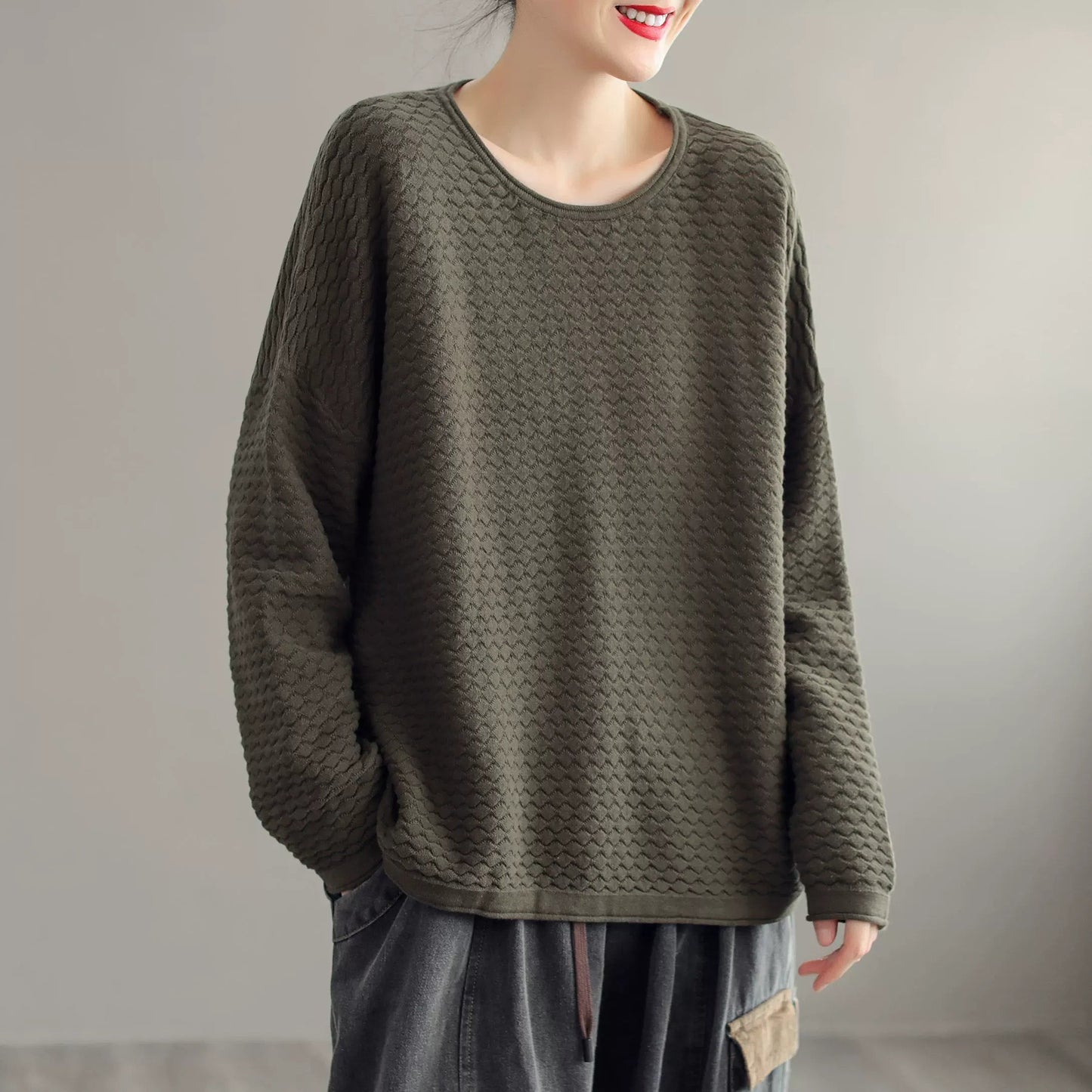Autumn Women Loose Cotton Knitted Solid Sweater