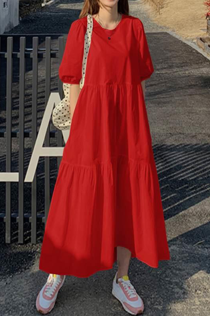 Casual Solid Patchwork Buttons O Neck Cake  Dresses