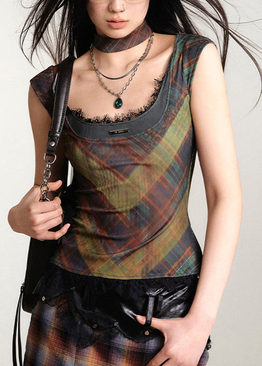 Bohemian Dark Grey O-Neck Print Lace Patchwork Vest Sleeveless