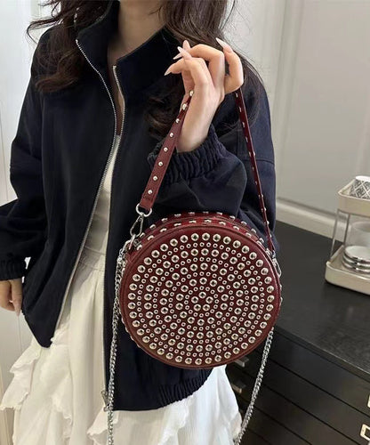 DIY Mulberry Rivet Solid Durable Faux Leather CrossBody Round Bag