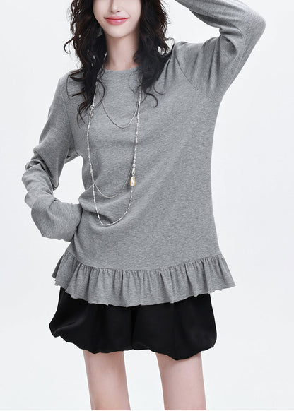 Classy Grey Ruffled Patchwork Cotton Shirt Spring
