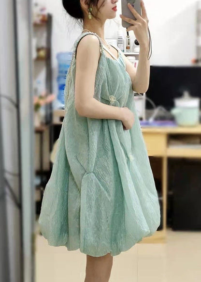 Elegant Green Square Collar Original Design Cotton Spaghetti Strap Dress Sleeveless