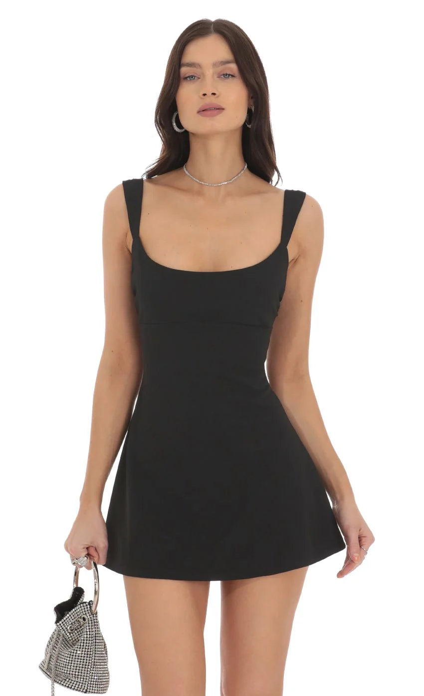 Wide Strap Flare Dress in Black