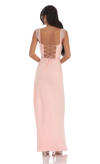 Suede Draped Lace Maxi Dress in Pink