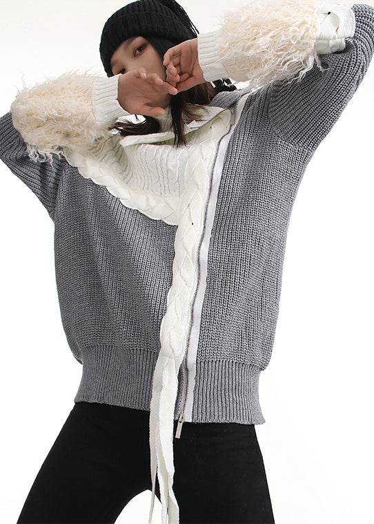Beautiful Grey Zip Up Patchwork Knit Pullover