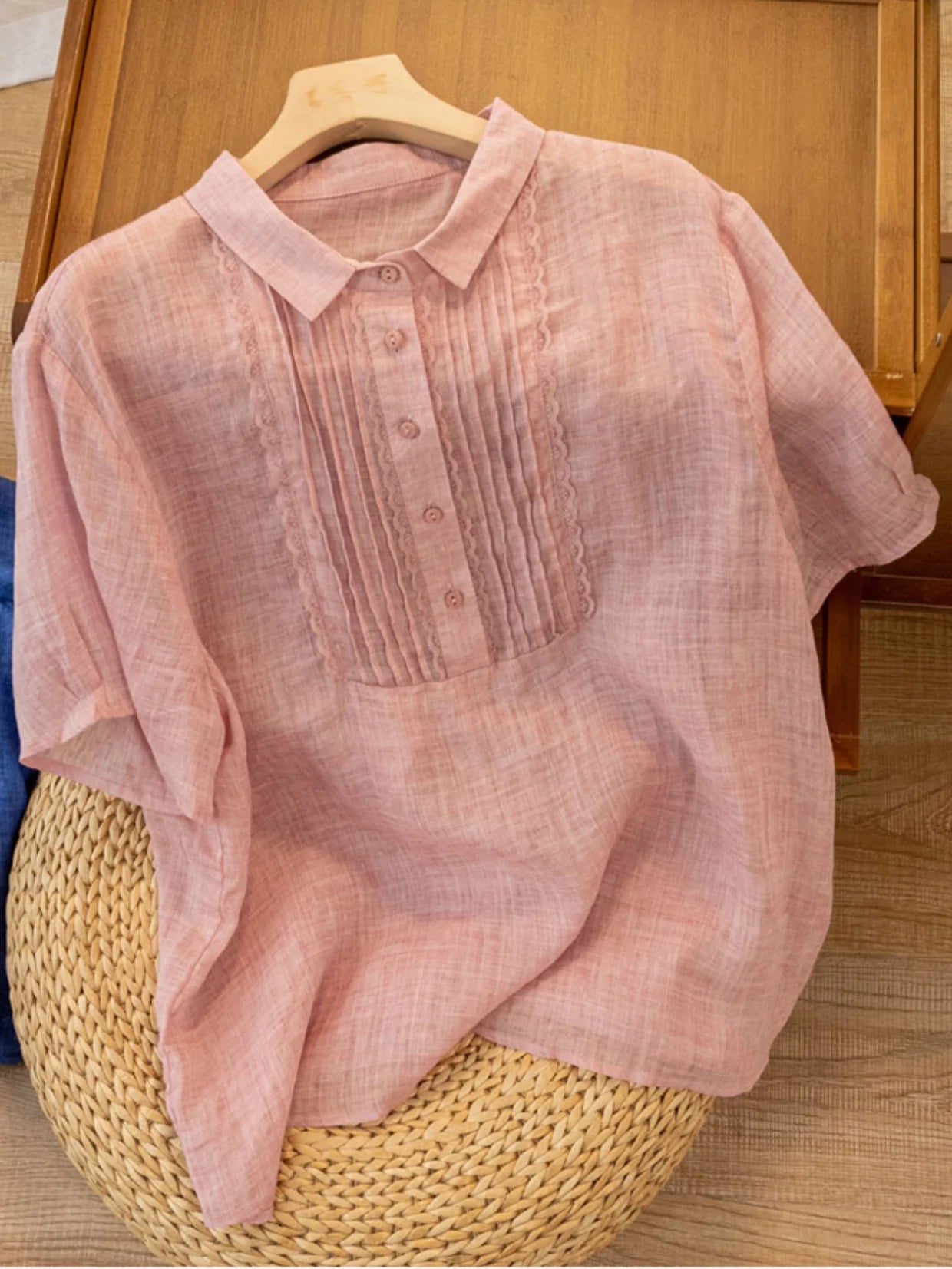 Solid Color Short Sleeve Casual Linen Pleated Top