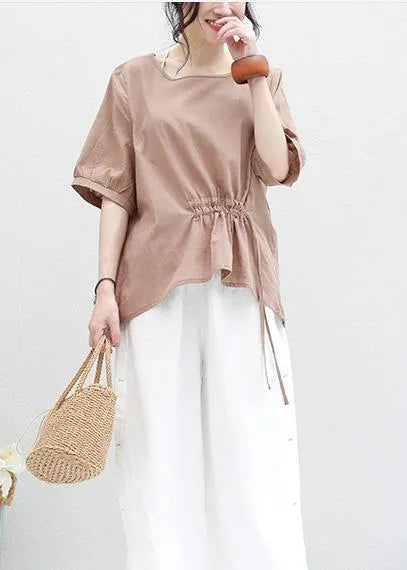 Women o neck lantern sleeve cotton linen tunic top Neckline khaki summer blouses