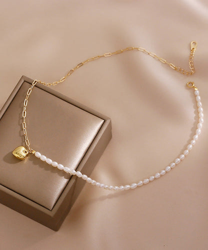 Chic Colorblock 14K Gold Asymmetrical Patchwork Pearl Love Pendant Necklace