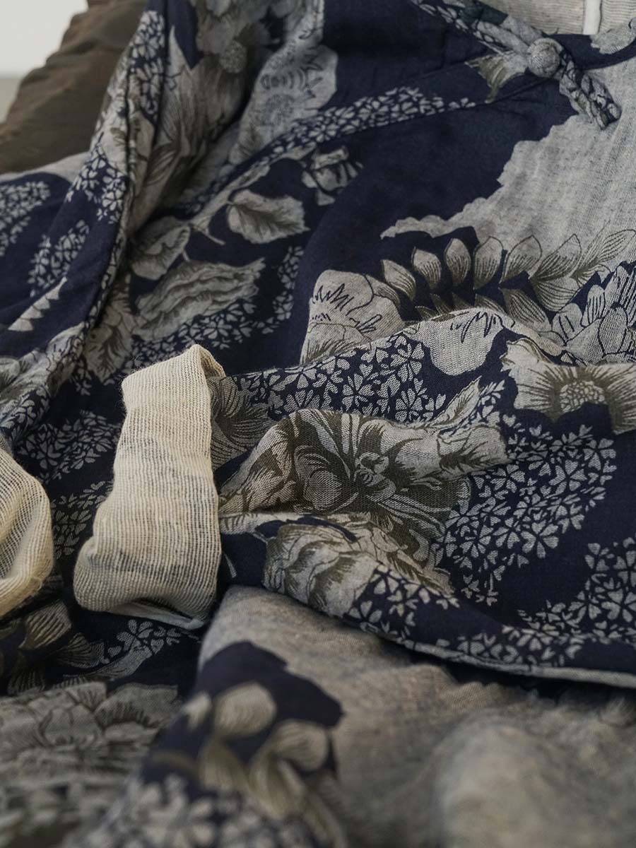 Women Vintage Floral Print Cotton Linen Loose Dress