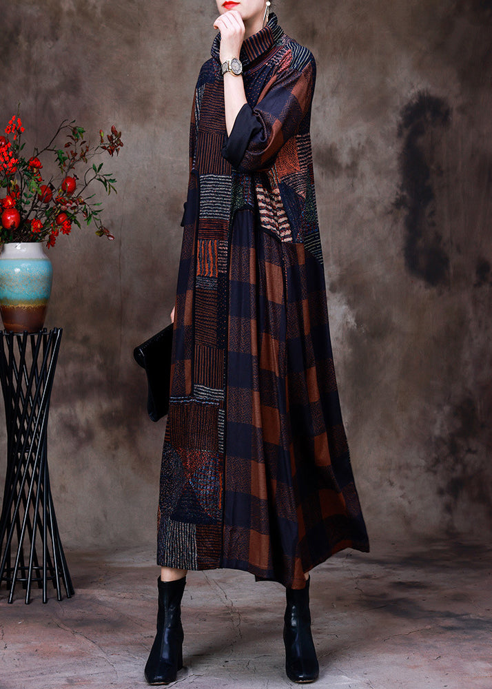 Plus Size Coffee Turtleneck Plaid Patchwork Velour Maxi Dress Long Sleeve