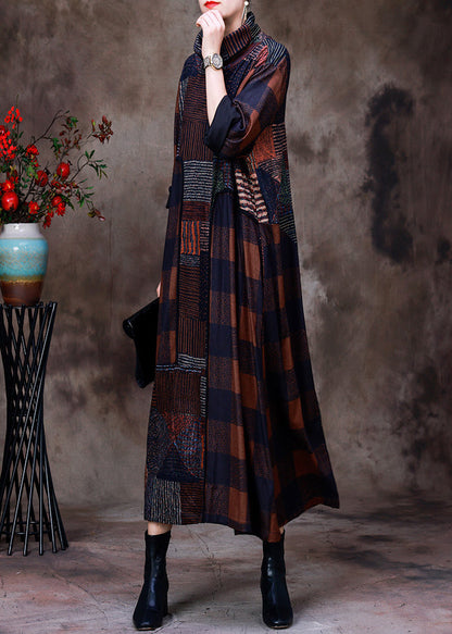 Plus Size Coffee Turtleneck Plaid Patchwork Velour Maxi Dress Long Sleeve