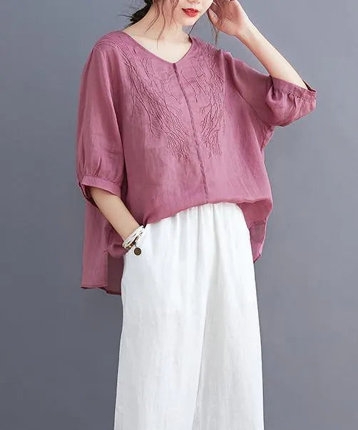 Organic rose clothes For Women v neck embroidery daily blouses