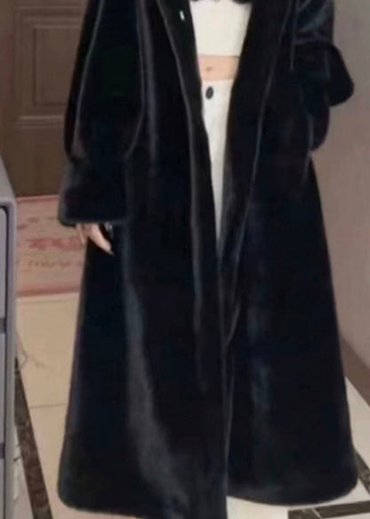 Casual Black Patchwork Mink Velvet Hooded Maxi Trench Coat Winter