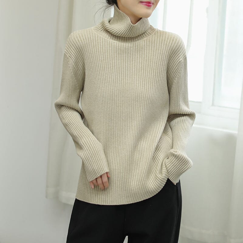 Women Solid Stripe Knitted Turtleneck Winter Sweater