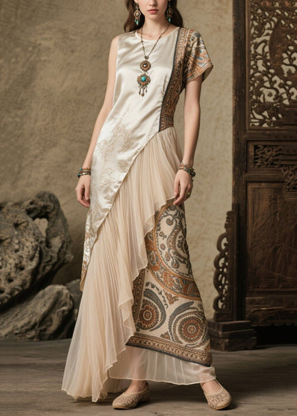 Boho Beige Asymmetrical Patchwork Print Silk Robe Dresses Summer