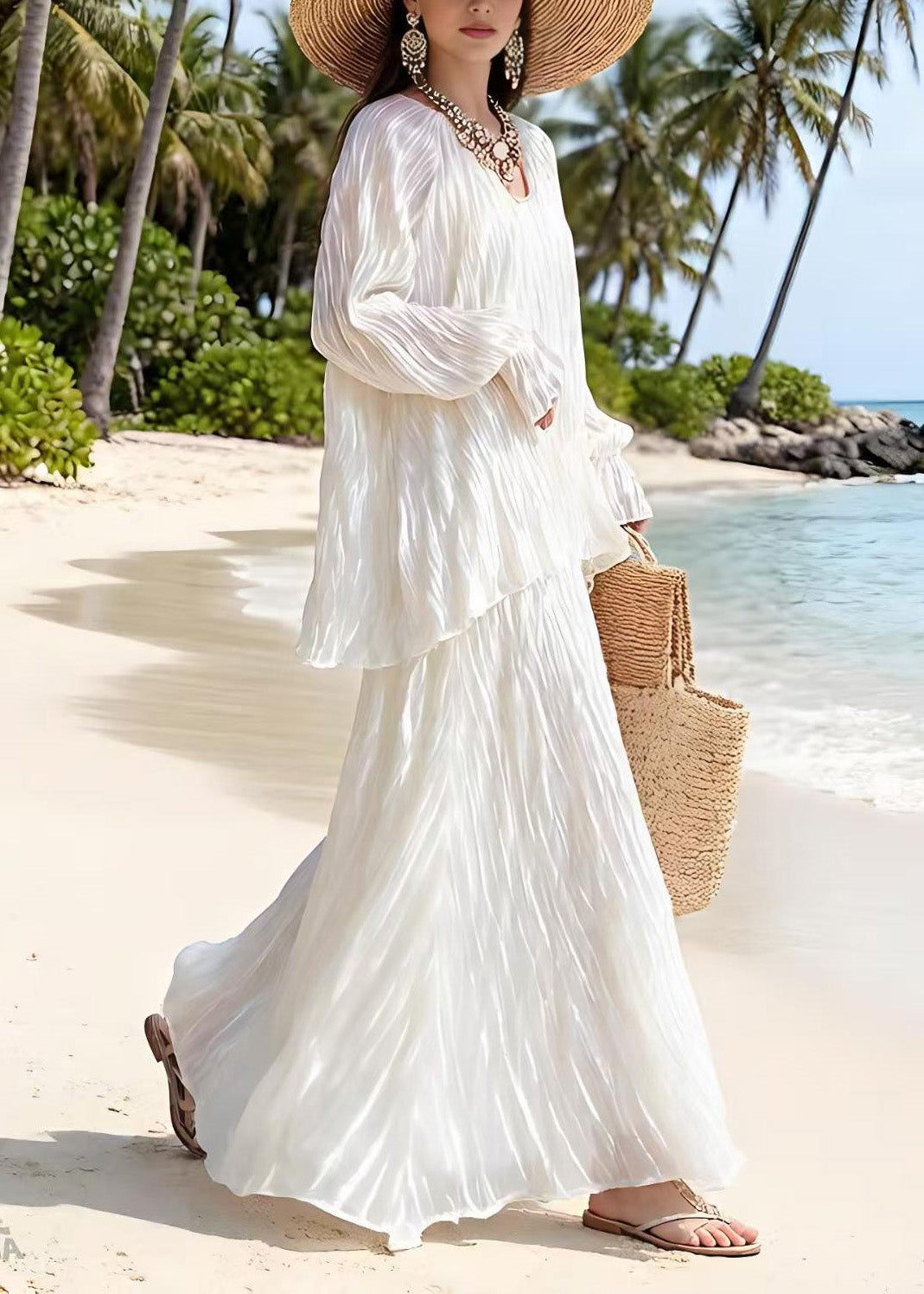 Beautiful White Wrinkled Top And Skirts Silk Two Piece Suit Set Spring