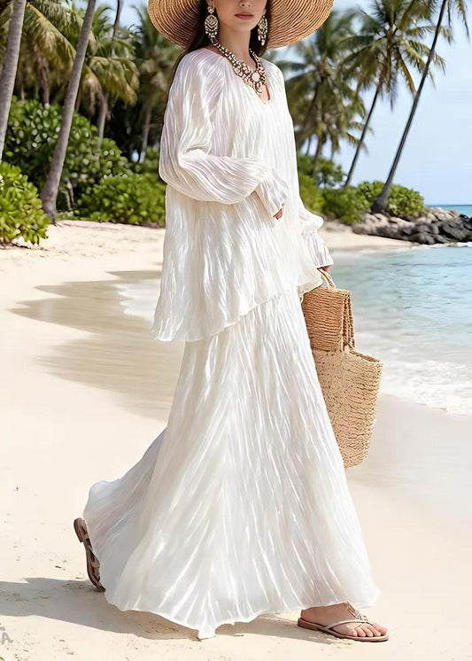Beautiful White Wrinkled Top And Skirts Silk Two Piece Suit Set Spring