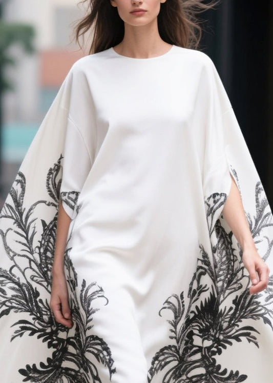Women White Oversized Print Cotton Vacation Dresses Batwing Sleeve