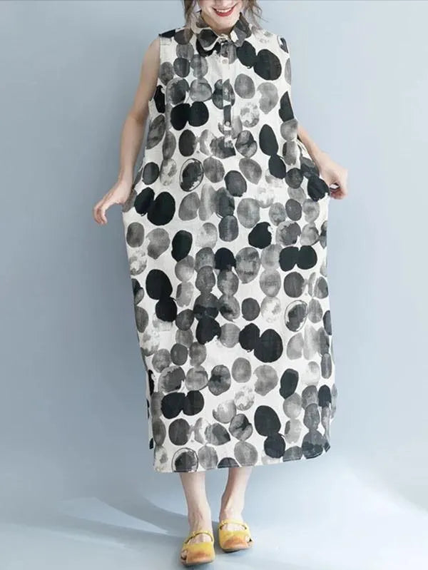 Women black dotted Cotton quilting clothes turn-down collar sleeveless Dresses