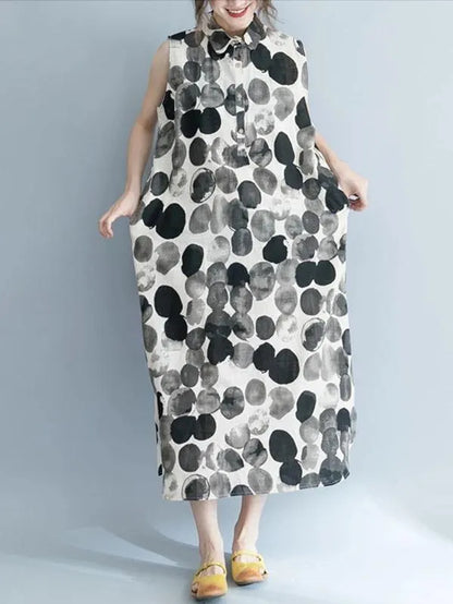 Women black dotted Cotton quilting clothes turn-down collar sleeveless Dresses