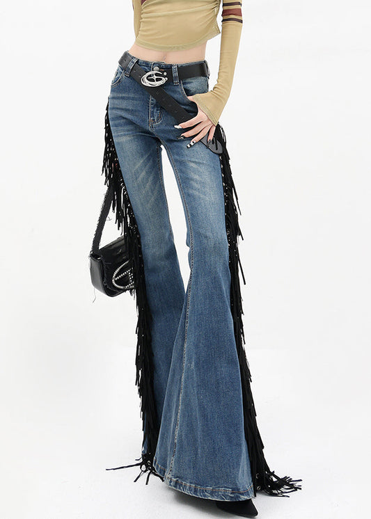 American Style Blue Tassel Denim Flared Trousers Fall
