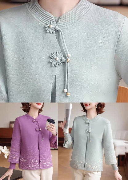 Women Blue Stand Collar Cotton Knit Coats Three Quarter Sleeve