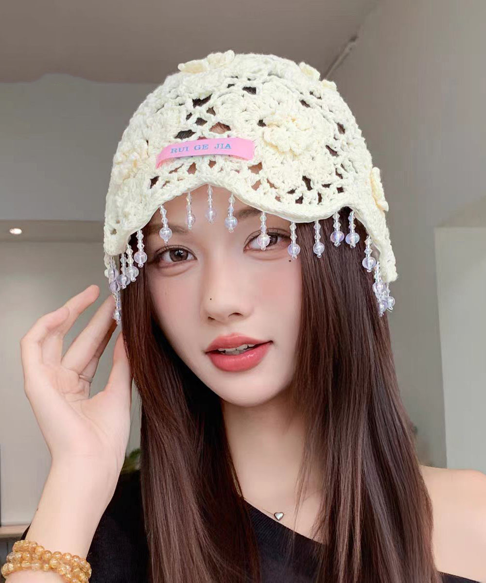 Bohemian Blue Floral Tassel Hollow Out Knit Boonie Hat