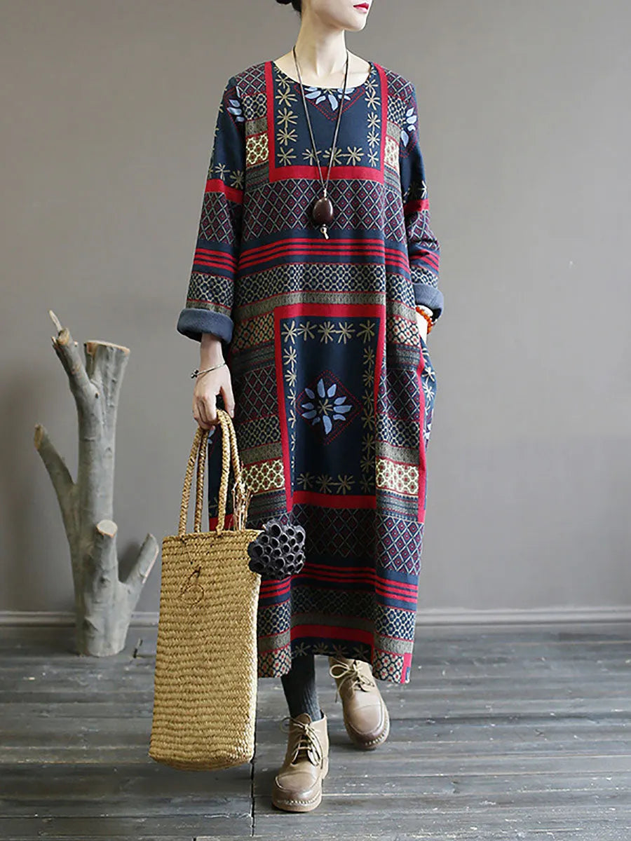 Women Winter Vintage Ethnic Pocket Print Loose Dress